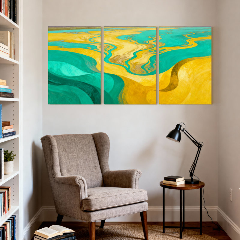 Ensemble de 3 impressions d'art sur toile abstraites en bleu sarcelle et or, H 24 po x l 48 po