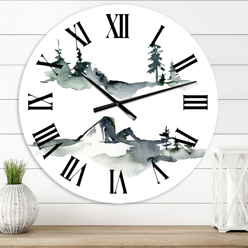 Hiver, paysage de montagne bleu foncé avec arbres I - horloge murale moderne, Petit