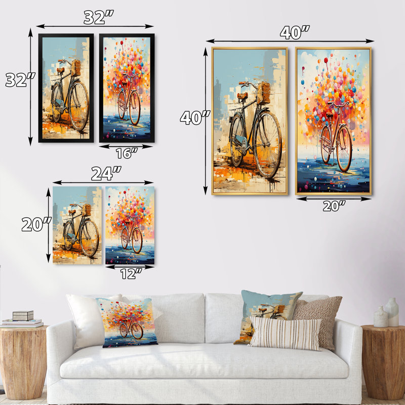 "Vélo expressif voyages" - 2 pièces sur toile, Cadre blanc, H 32 po x l 32 po