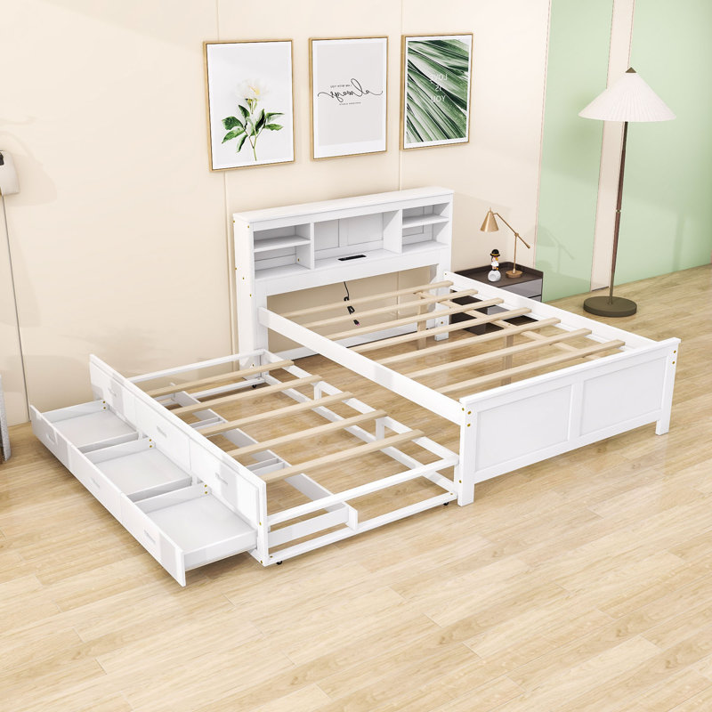 Lit plateforme en bois avec lit gigogne simple et 3 tiroirs Olriedge, Double, Blanc