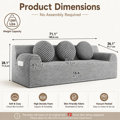 Causeuse en velours côtelé de 71 pouces, canapé 2 places gris clair avec sièges profonds, 3 coussins et poches latérales, aucun assemblage requis pour le bureau de la chambre à coucher