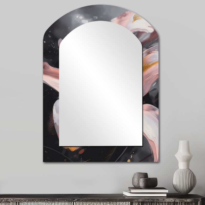 «White Graceful Lilies IV» - miroir décoratif arche de lis, miroir mural asymétrique moderne, impression d'art en métal