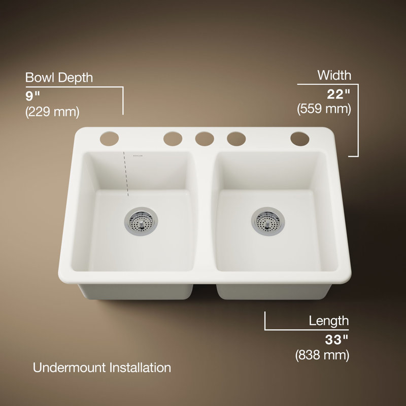 Deerfield 33" L x 22" W Double Basin Drop-In Kitchen Sink with Accessories, 5 Hole, Biscuit