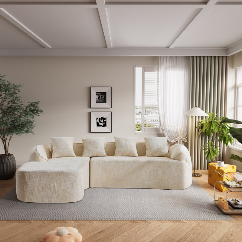 Chenille Boneless L-shaped Sectional Sofa With Curved Armrests And 4 Pillows, , Space-saving Compressed Design, Left-facing