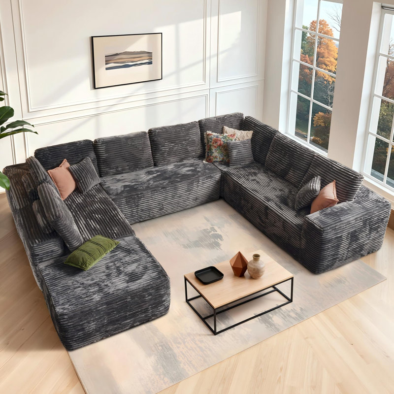 Canapé modulaire en tissu de velours côtelé Cloudie avec méridienne en U avec coussins Koyu, canapé modulaire moderne avec assise profonde, canapé rembourré désossé pour la chambre à coucher, aucun assemblage requis