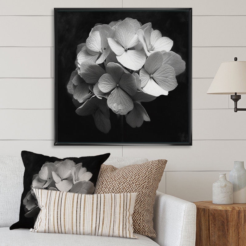 " Gray White Hydrangea Bloom I ", Black Floater Framed, 30" H x 30" W x 1.5" D