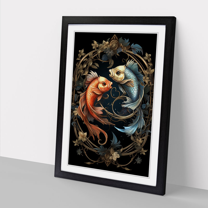 Pisces Fish Zodiac Classicism - Single Picture Frame Print on Wood, 64cm H x 46cm W x 2cm D, Black Framed