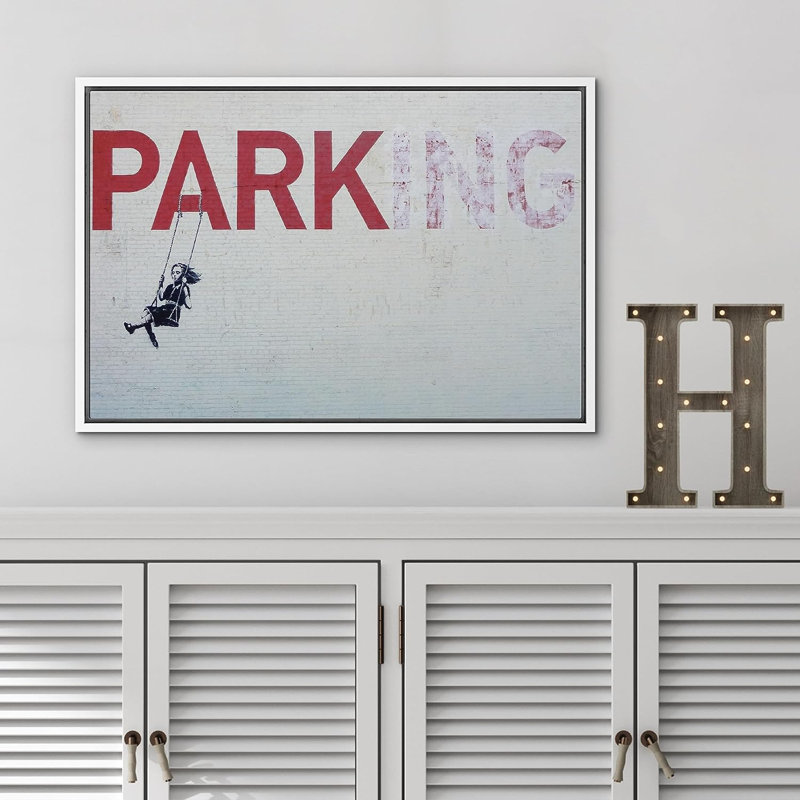 «Banksy Little Girl On Swing Dessous», H 16 po x l 24 po x P 1,5 po, Cadre flottant blanc