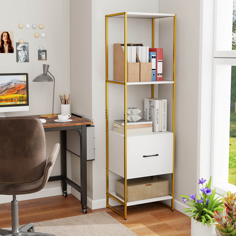 Bibliothèque à 4 niveaux avec 4 tablettes ouvertes et tiroir de rangement moderne, Blanc