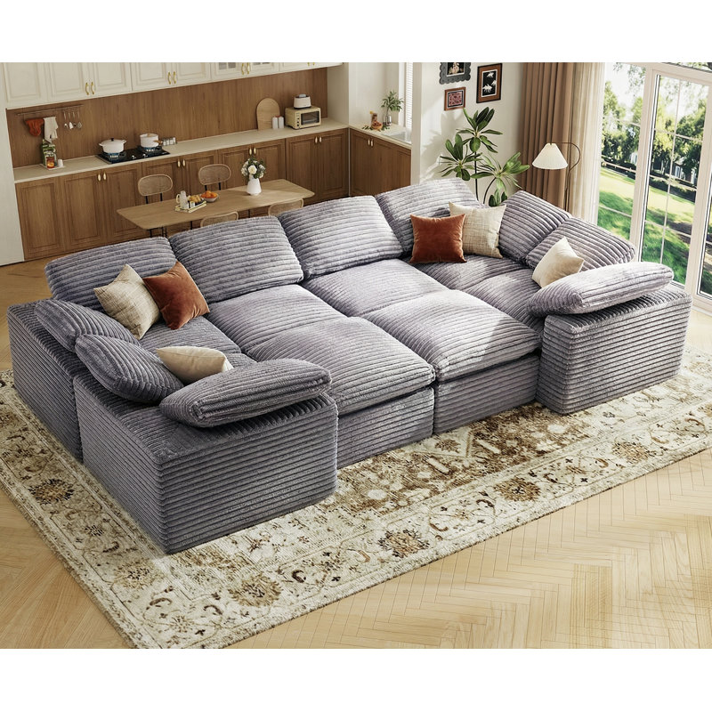 KKL - Grand canapé-lit modulaire modulaire de 150 po en tissu velours côtelé avec repose-pieds Cloud, sans assemblage requis, gris