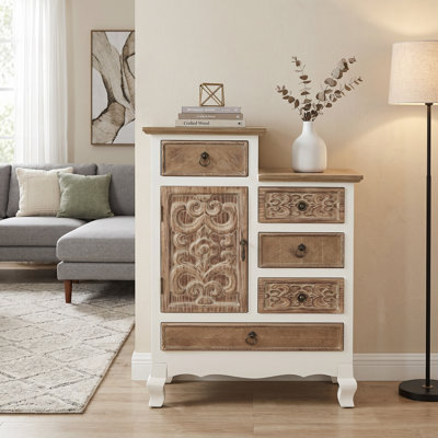 Armoire d'appoint 32,28 po de hauteur à 1 porte en bois avec plusieurs tiroirs et détails sculptés