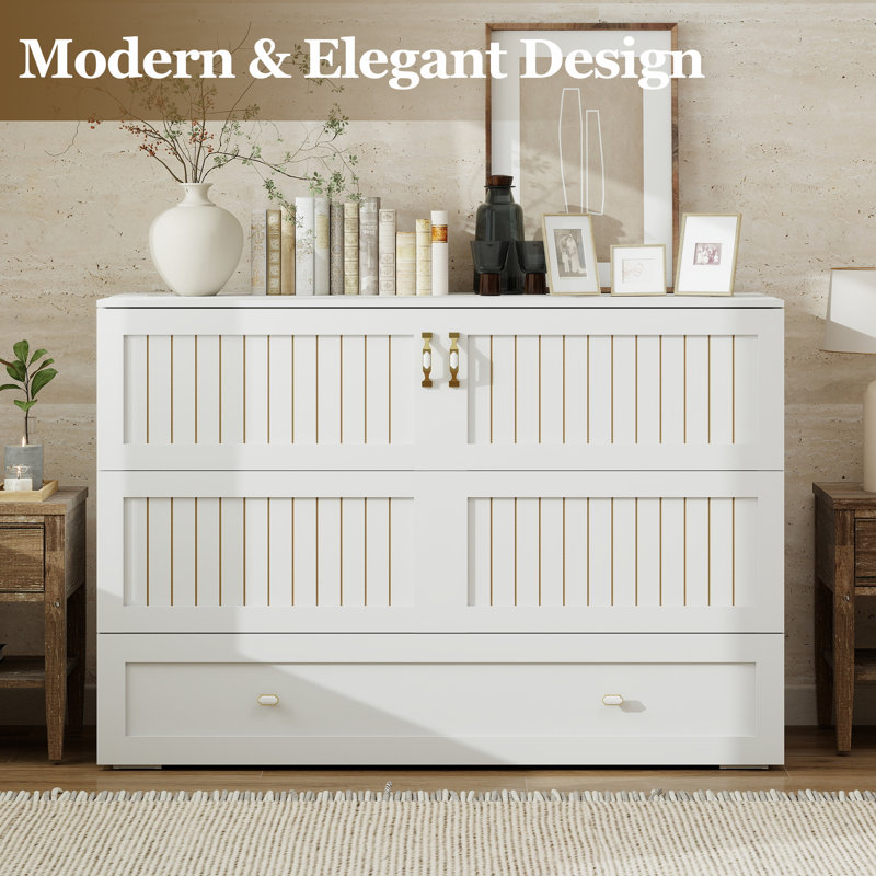 White Convertible Murphy Bed with Storage Cabinet & Drawers - Space-Saving Queen Size Murphy Bed for Small Spaces(Not Include Mattress)