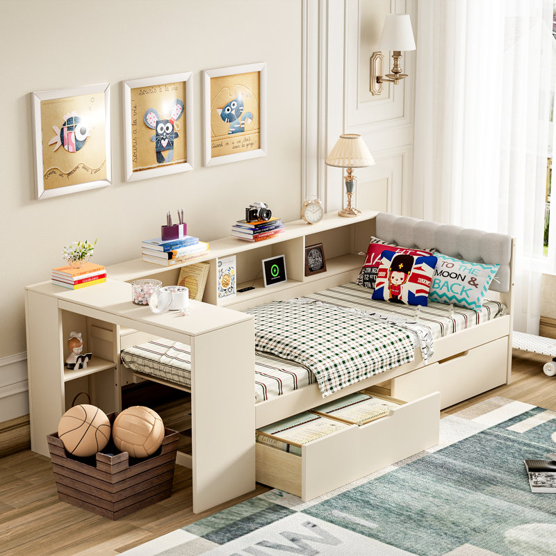 Lit de jour avec rangement et station de charge, Simple, Beige