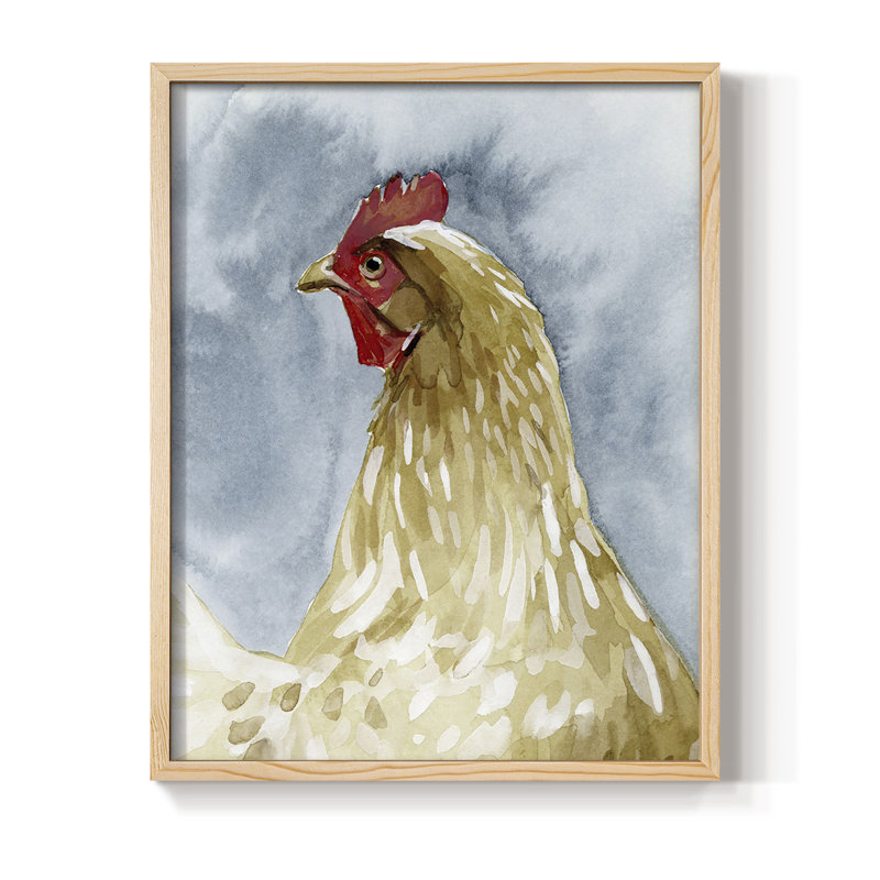 Portrait de poulet I, reproduction encadrée - bois massif, H 11 po x l 9 po
