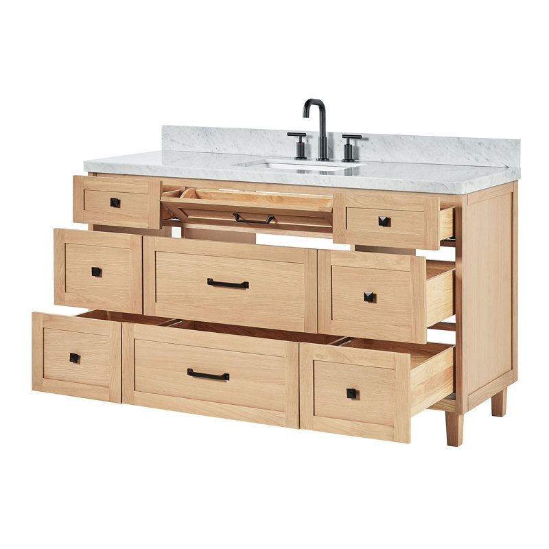 Meuble-lavabo simple en bois massif ARIEL Monroe, Chêne, Carrara White Quartz, 54" - 55"