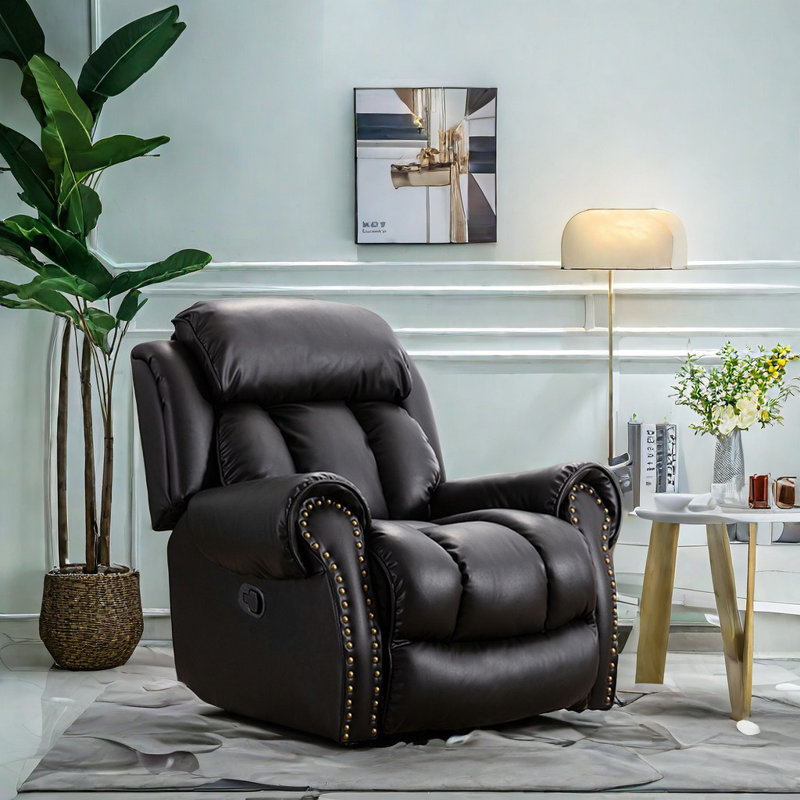Fauteuil inclinable en cuir confortable avec structure en bois., Similicuir noir