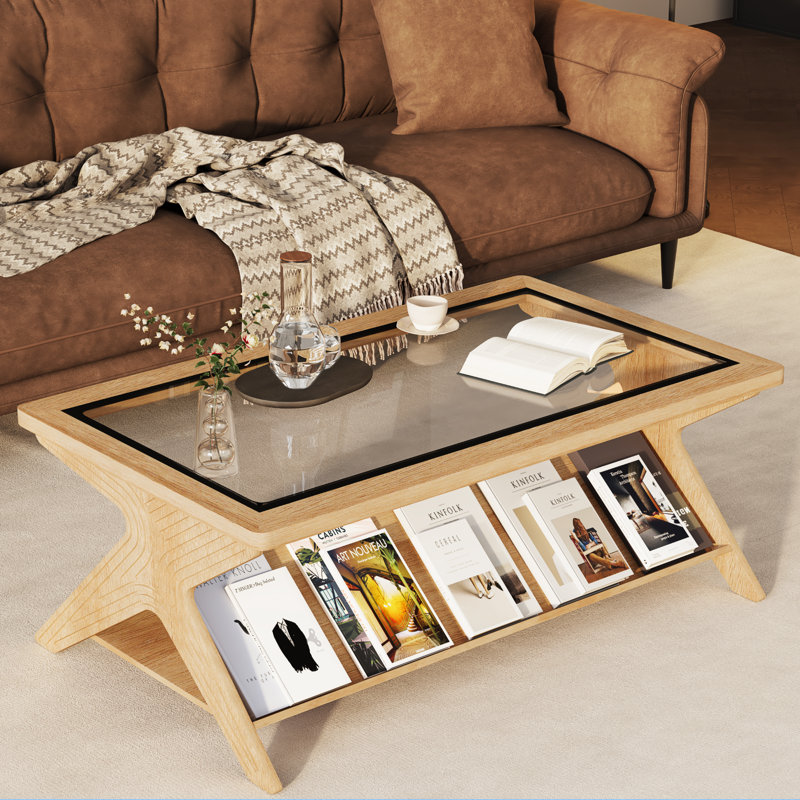 Rectangle Coffee Table With Glass Top & Storage Shelf, Oak Wood