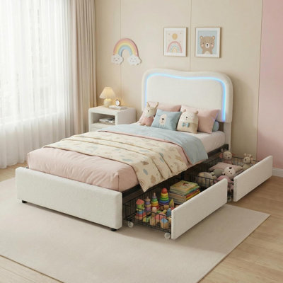 Twin/Full/Queen Bed Frame with 2 Storage Drawers, Upholstered Platform Bed, Solid Wood Slats Support for Kids & Teens