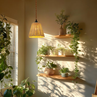 1-Light Plug in Bamboo Pendant Light with 15ft Hemp Rope Single Light for Farmhouse Hallway Living Room