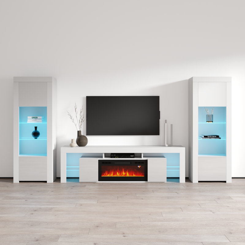 Entertainment 128.7" Modern Entertainment Center with Electric Fireplace, High Gloss Finish, Media Storage, White/Black