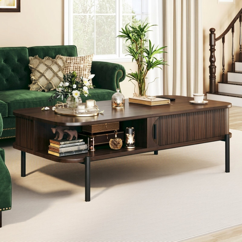 Walnut Coffee Table With Shelves & Storage Cabinet, 17" H x 47.2" W x 23.6" D