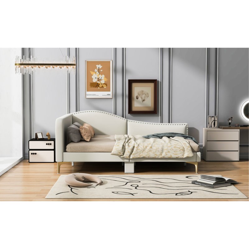 Lit de jour double avec revêtement beige, tête de lit, accoudoirs et pieds robustes - Tête de lit élégante et polyvalente, confortable
