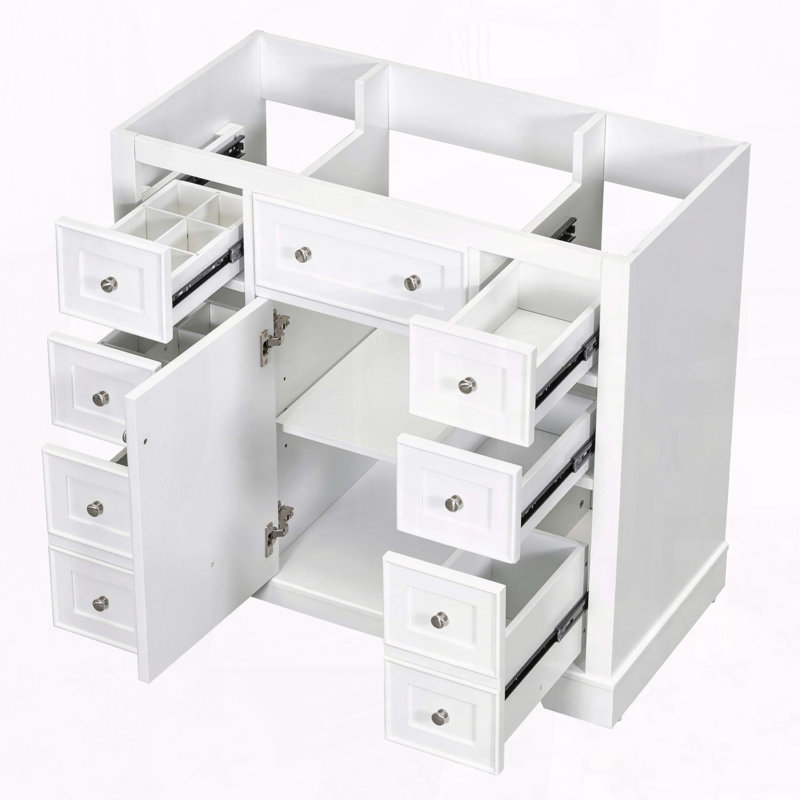 36" Freestanding Bathroom Vanity Cabinet Base with Six Drawers, Blanc