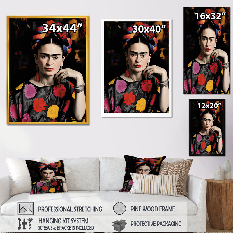 Portrait de femme mexicaine I, art mural mexicain, Cadre flottant doré, H 20 po x l 12 po x P 1 po