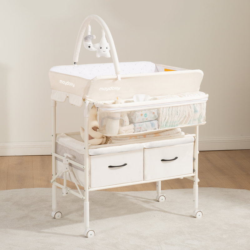 Maydolly Baby Changing Table with Storage Drawers and Waterproof Changing Topper Lockable Wheels, Beige
