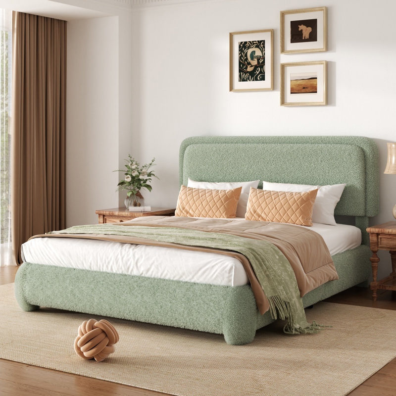 Base de lit plateforme tapissier Boucle avec tête de lit réglable et coins arrondis doux, Grand, Vert
