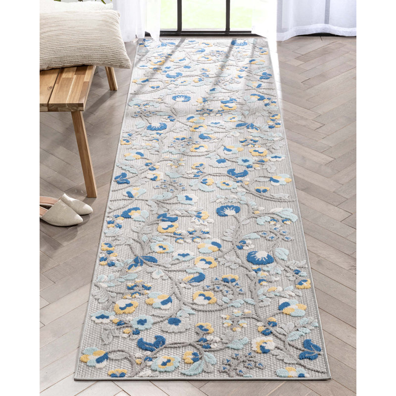 Tapis à relief gris à motif floral pour l'intérieur et l'extérieur Illeana, Tapis de couloir 2 pi 7 po x 9 pi 10 po