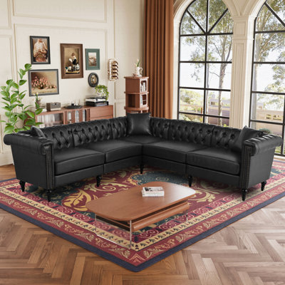 5-Seat L Shaped Sectional Sofa - Modern Reversible Chesterfield PU Leather Couch With Rolled Arms & Nailhead Tufting For All Spaces
