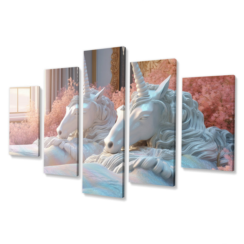 Lit de licorne gracieux II - art mural sur toile Licorne fantastique - 5 panneaux
