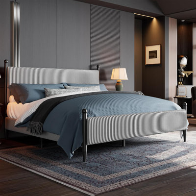 King Size Upholstered Bed Frame with Velvet Headboard, Soft Corduroy Fabric Platform with Wooden Slats Support & Heavy Duty Feet, No Box Spring Needed, Noise Free, Easy Assembly, Grey
