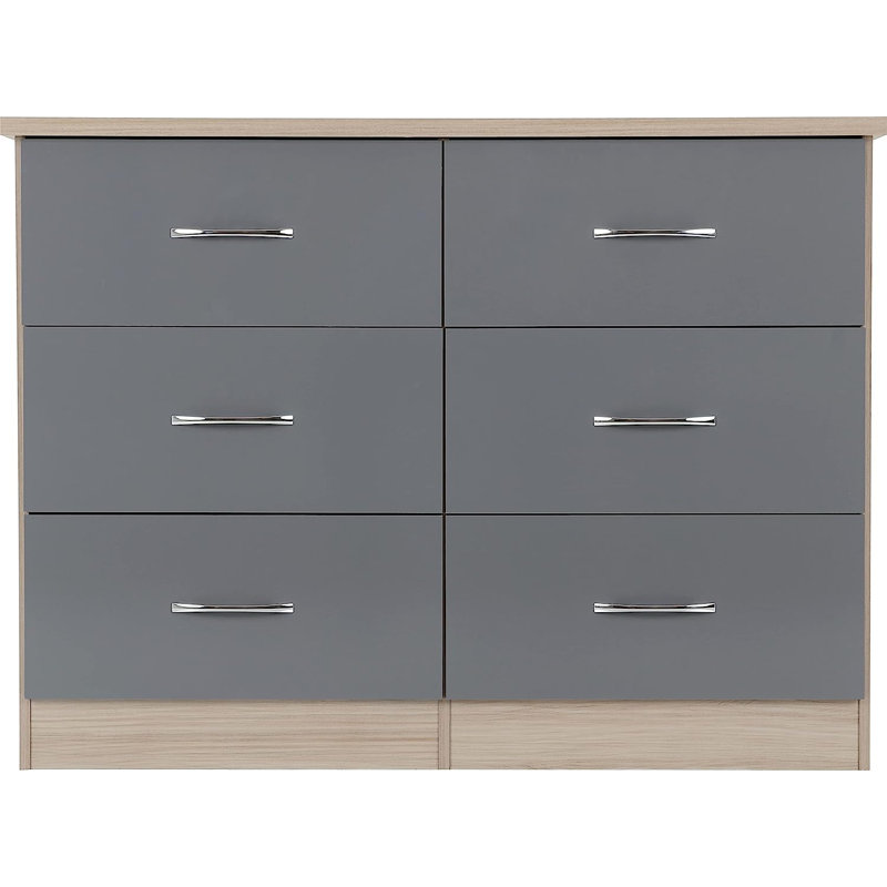 Kosie 6 Drawer Chest, Grey Gloss/Light Oak Effect Veneer