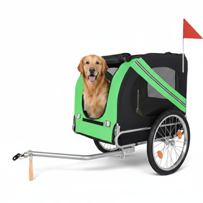 Remorque à vélo pliante spacieuse pour chiens - Supporte jusqu'à 100 lb, transporteur pour animaux tout-terrain, construction robuste en acier, idéale pour le vélo, la course, le camping et les activités de plein air, coloris noir / vert