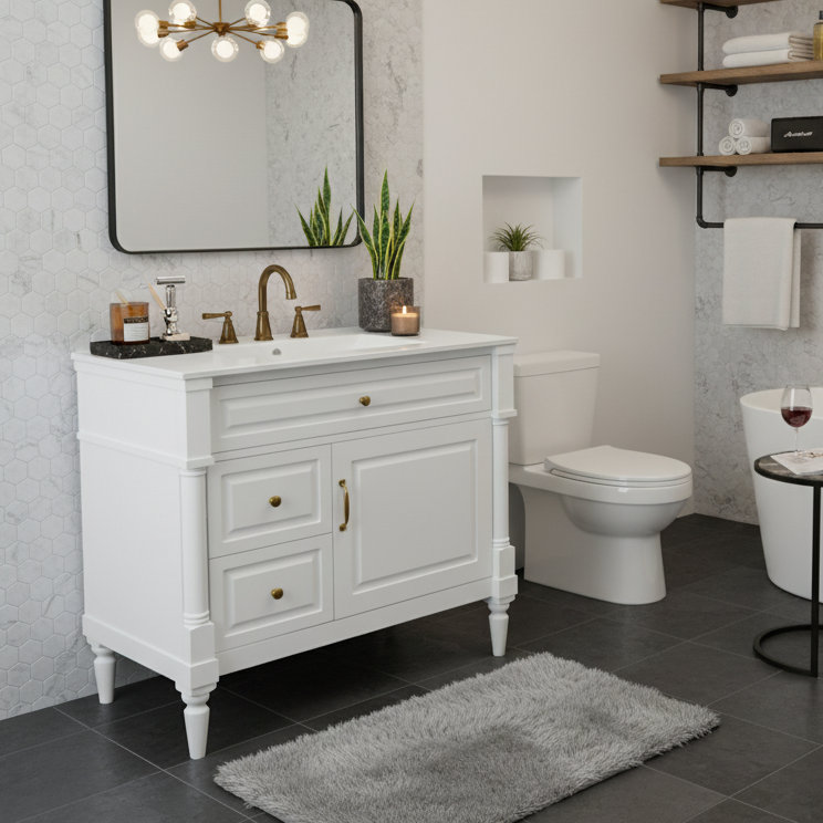 Meuble-lavabo simple 36 po avec lavabo en céramique et 2 tiroirs et tablette ajustable, Blanc