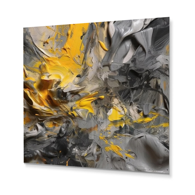 Moutarde jaune et gris vif - Décoration murale abstraite en métal, H 16 po x l 16 po x P 1 po