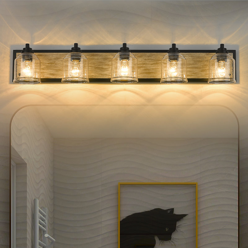Éclairage pour meuble-lavabo en faux grain de bois à 5 lumières l 50 po avec verre ensemencé Farmhouse, Noir/gris, 5