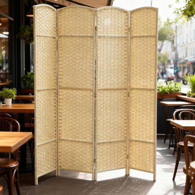 Paravent pliable à 4 panneaux d'intimité tissé à la main, polypropylène et bois de pin, beige, pour séparer la pièce et créer des espaces