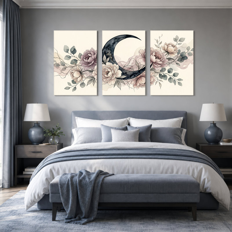 Ensemble de 3 toiles pivoines et eucalyptus avec croissant de lune, H 18 po x l 12 po x 3 pièces