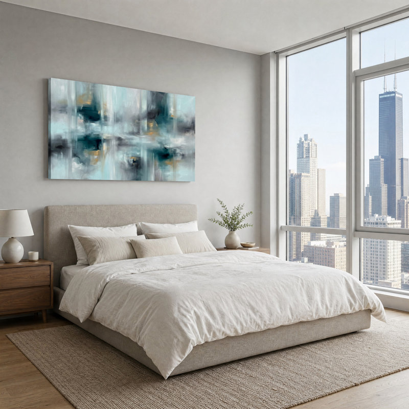 Tableau abstrait à rayures verticales turquoise et or sur toile, L 32 po x H 16 po