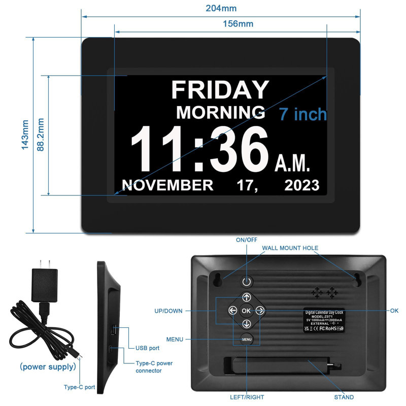 7-inch Calendar Clock with 12 Alarms, Auto Dimmable Display, Large Vision Impaired Digital Clock, Black
