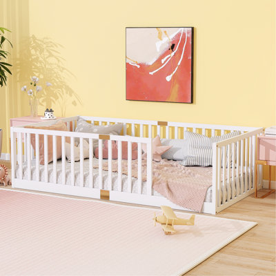 Floor Bed with Fence Railings, 6 Slats Included, Wood Floor Bed with Safety Guardrails, Bed Frame for Bedroom