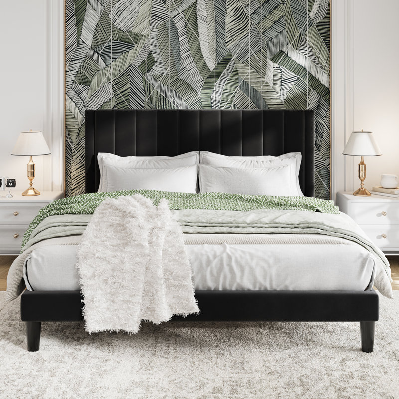 Cleo Modern Velvet Upholstered Platform Bed with Headboard, No Box Spring Needed, Black, King