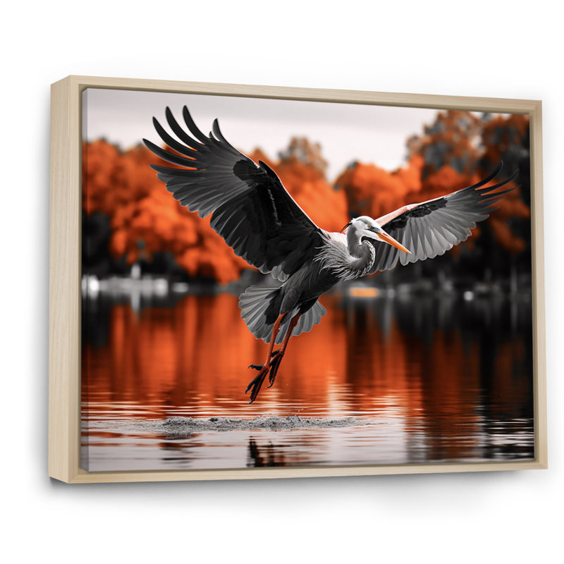 Décoration murale orange orange héron gracieux en automne IV - animaux, H 24 po x l 32 po x P 1 po, Cadre naturel flottant