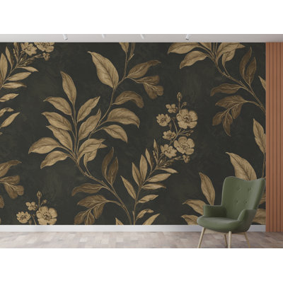 Luxurious Botanical Wallpaper – Large-Scale Gold Leaves & Flowers On Charcoal, Elegant Pattern Dramatic Wall Mural Trending  (Non-Woven)