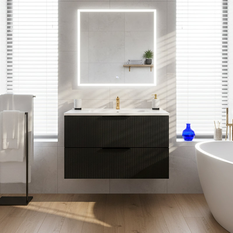 Aqualuxe Modern Wall-Mounted Floating Vanity with Ceramic Sink, 30", Matte Black