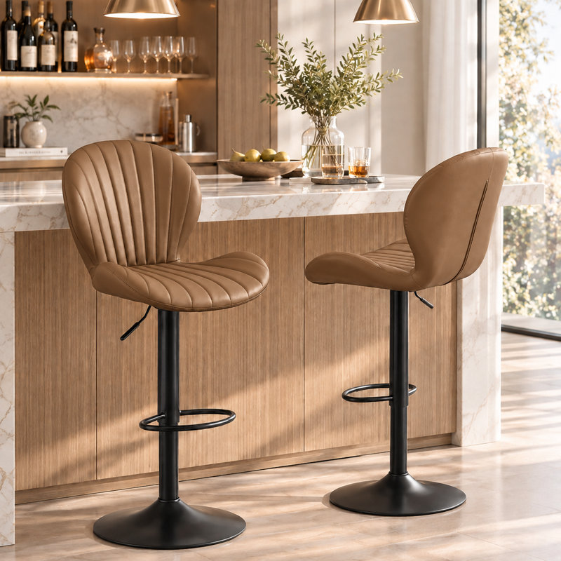 Ensemble de 2 tabourets de bar pivotants, hauteur réglable de 56 à 76 cm, en similicuir brun, avec dossier, pour îlot de cuisine et bar à domicile.