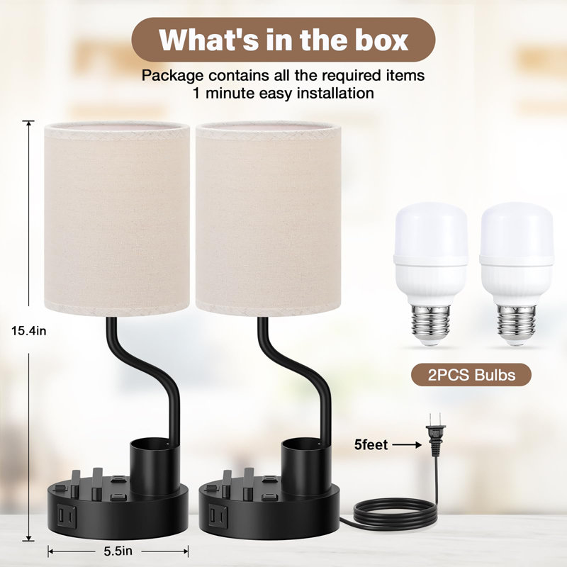 Bedside Table Lamps for Bedroom Set of 2, Black, Beige